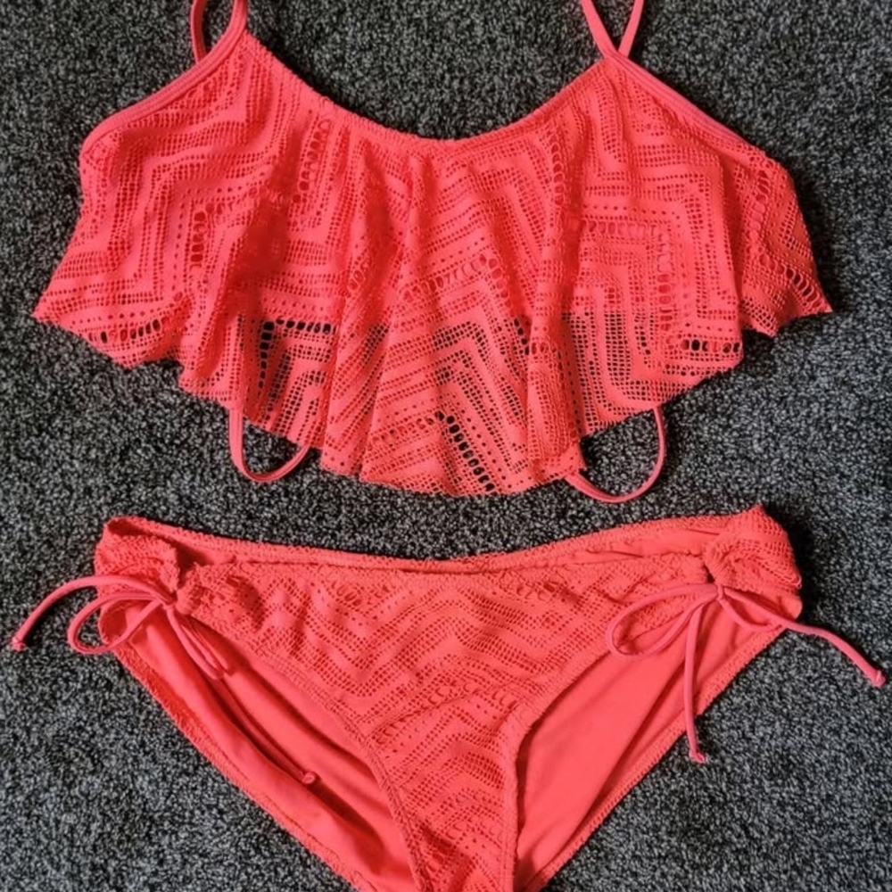 Coral Crochet Flounce Bikini Set